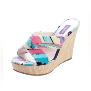 Auth Emilio Pucci Multi Blue & Pink Patterned Terry Cloth Wedge Sandals Sz 9